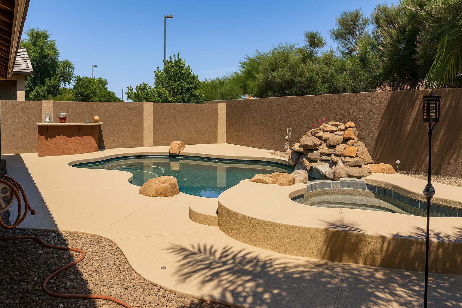 A restored pool deck surrounding an Arizona backyard pool